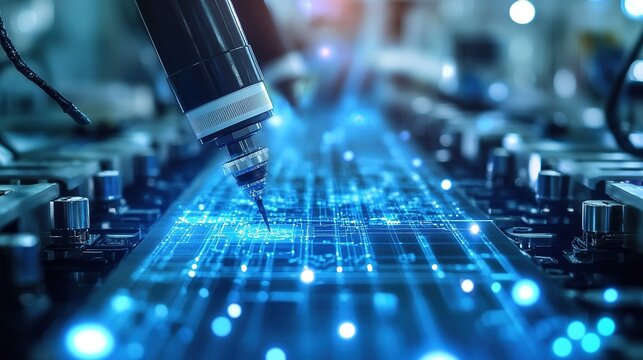 Macro aerial view of scientific and technological intelligent manufacturing production line, modern digital illustration for Industry 4.0 reports, automation presentations, or smart factory promotions