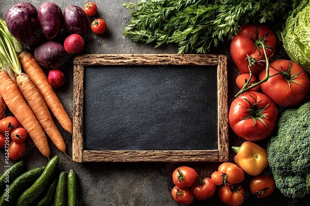 Poster colorful fresh vegetables are surrounding an empty chalkboard on a dark textured background, creatin