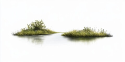 Small islands with green grass and plants on calm water surface
