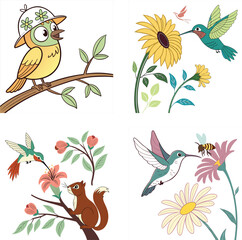 Obraz premium Colorful Hummingbirds Flying Among Flowers Cartoon Illustration- Nature Art for Kids- Cute Bird Design- Whimsical Floral Scene- Digital Artwork- Springtime Theme