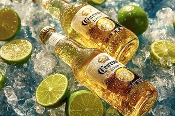 Two corona extra beer bottles are chilling on ice surrounded by fresh lime slices, creating a refreshing scene perfect for summer advertising