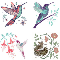 Bright green cartoon hummingbird perched on delicate leaves with flowers in soft background