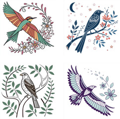 Bright green cartoon hummingbird perched on delicate leaves with flowers in soft background