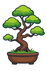 Elegant bonsai tree cartoon illustration. A small, stylized tree in a brown pot, representing tranquility and nature's art.