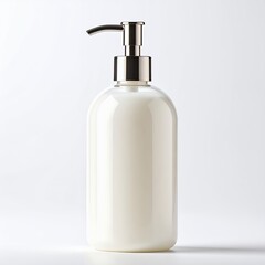 Fototapeta premium Elegant liquid soap dispenser with a reflective metallic pump, bathroom accessory on white background