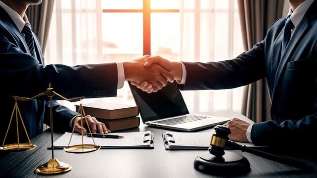 Handshake between lawyers with scales of justice and gavel on desk in front of a laptop and books