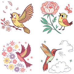colorful cartoon hummingbirds, birds, flowers, leaves, and cute scenes illustrations