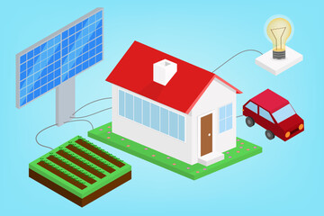 3D illustration of a house with solar panels, a car, a light bulb, and a garden, ideal for sustainable living and eco-friendly themes.