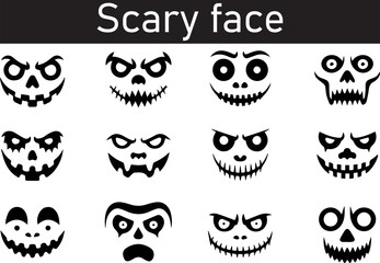 Frightening halloween monster face silhouette with glowing eyes isolated on transparent background
