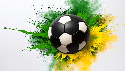 Black and white soccer ball with green and yellow paint splashes on white background