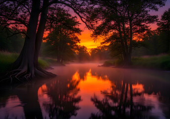Obraz premium Serene Sunset over Tranquil River with Reflective Water and Silhouetted Trees in a Natural Landscape