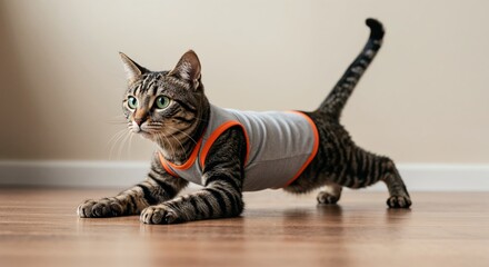 A tabby cat in plank pose, front paws stretched out, focused eyes, wearing a small workout tank top, plain background