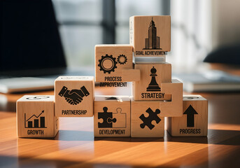 Business Strategy and Growth Planning with Wooden Blocks Displaying Key Concepts for Organizational Success