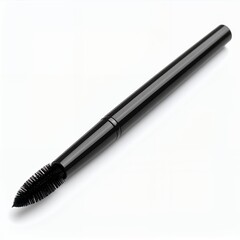 Elegant black mascara wand applicator presented diagonally on white background