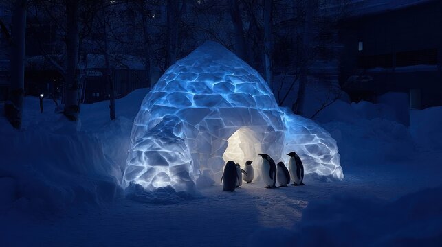 A radiant igloo lighting up a penguin family huddled in the cold