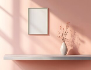 Peach-pink wall with wooden slats, green square frame on left, grey shelf with flower vase below&mdash;clean, balanced, and pastel-toned modern home interior.

