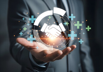 Business Handshake with Digital Health and Technology Icons - Modern Corporate Deal, Innovation, and Partnership Concept