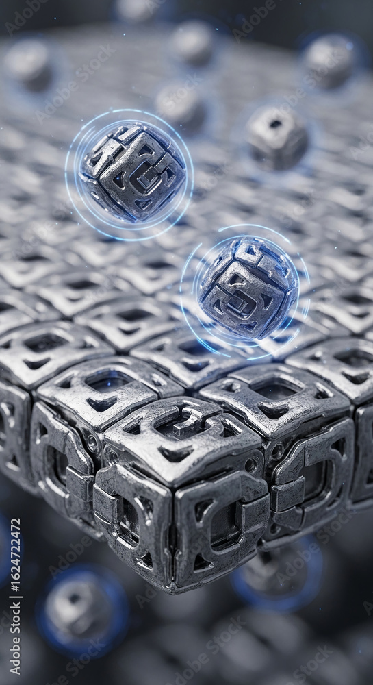 Aufkleber detailed close-up of metallic cube texture, showcasing a grid of interconnected, textured cubes, flo