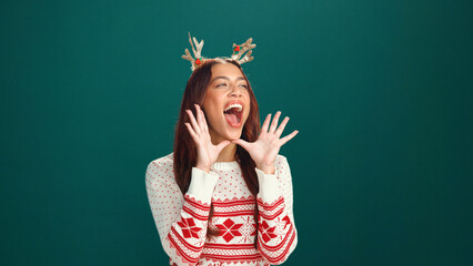 Shouting, woman and announcement for Christmas, studio or awareness for holiday discount or...