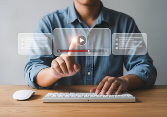 Professional Individual Interacting with Digital Media and Video Content on Transparent Screen