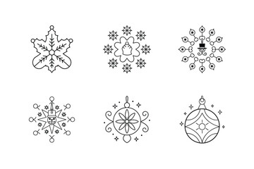 Christmas Snowflake and Ornament Coloring Page Set, Mandala Design Vector Illustration.