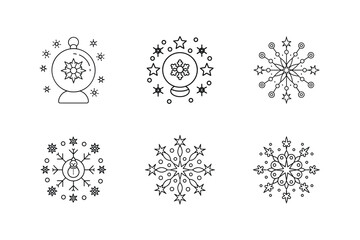 Christmas Snow Globe and Snowflake Coloring Page Set, Mandala Design Vector Illustration.