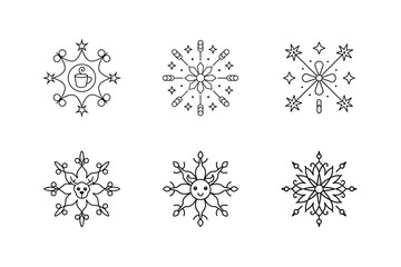 Christmas Snowflake Mandala Coloring Page Set Vector Illustration.