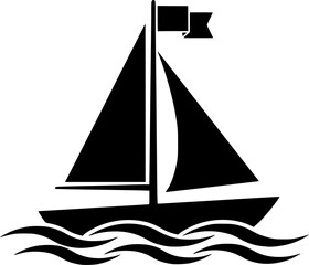 Silhouette of Sailboat with Flag on Mast Floating on Water Waves Design