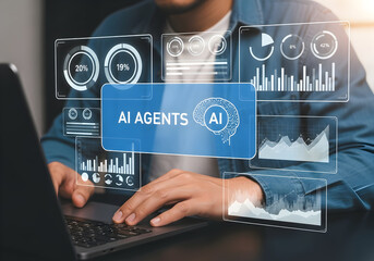 Businessman Using Digital Interface with AI and Data Analytics Graphics for Technology and Innovation Concept