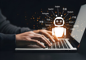 Futuristic Artificial Intelligence Robot Icon with Multilingual Labels and Digital Network Elements