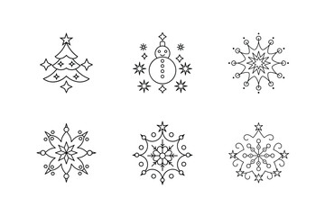 Christmas Tree, Snowman and Snowflake Coloring Page Set Vector Illustration.
