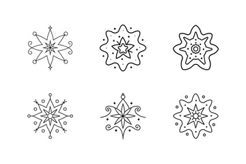 Christmas Swirling and Star Snowflake Coloring Page Set, Unique Holiday Design Vector Illustration.