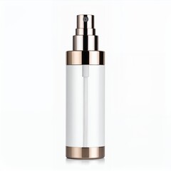 Elegant clear spray bottle with metallic accents for cosmetic product presentation on white background