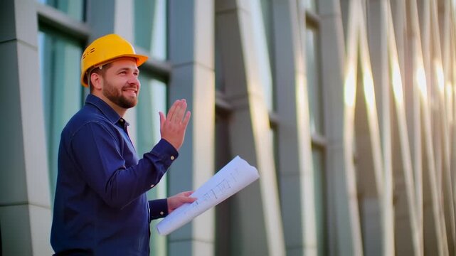 Architect analyzing construction blueprints in front of a modern building facade