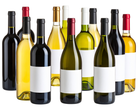 Scattered Wine Bottles with Blank Labels, Tilted and Overlapping, Mixed Angles, Transparent PNG