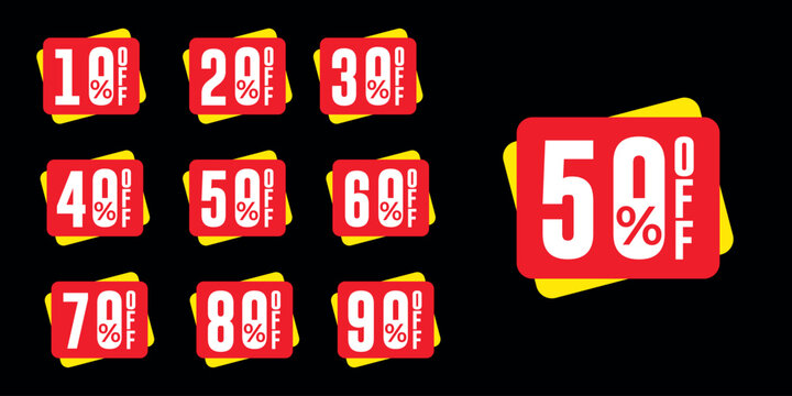 Promotion hold tag. Special offer discount on red tags shapes with different value percent off 90, 80, 70, 60, 50, 40, 30, 20, and 10%.	