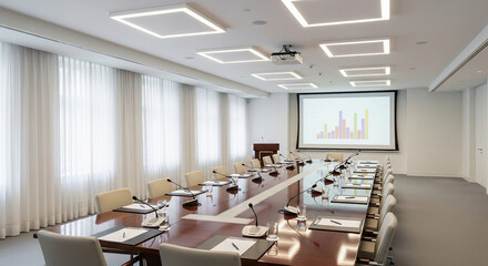 Conference room with long table microphones projector screen and white curtains in the background