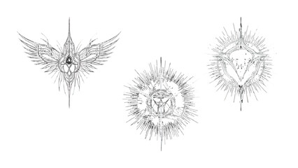 White line art on black displays cybersigilism tattoo designs with rough texture for branding and digital art.