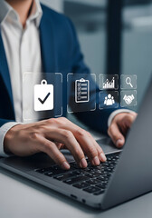 Business Professional Using Digital Tablet with Icon Graphics for Data Analysis and Project Management