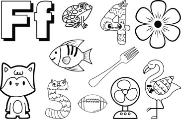 Coloring Book Whimsical black and white illustration featuring a collection of cute objects and characters for kids learning