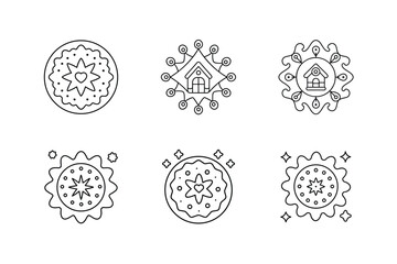 Gingerbread House and Star Cookie Coloring Page Set, Christmas Mandala Design Vector Illustration.