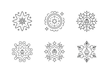 Festive Star and Cupcake Snowflake Coloring Page Set, Christmas Mandala Design Vector Illustration.