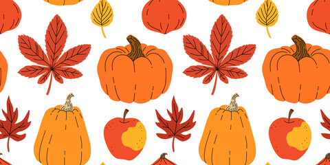 Autumn background with pumpkins and autumn leaves. Seamless pattern. Colorful pumpkins, maple leaves and mountain ash with berries on white background. Isolated. Vector illustration