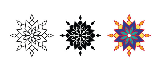 Mandala Flower Design Set, Coloring Page, Silhouette and Color Art Vector Illustration.