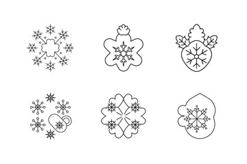 Snowflake and Holly Mandala Coloring Page Set, Festive Christmas Design Vector Illustration.