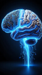 3D medical illustration of a human brain with intelligence and mind elements, showing anatomy and neurology through a blue abstract x-ray concept, AI generated	