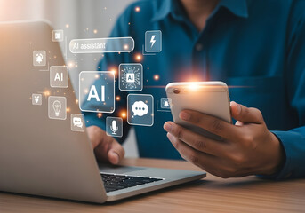 Businessman Using Smartphone with AI and Technology Icons Overlay, Modern Digital Innovation, and Smart Tech Concept