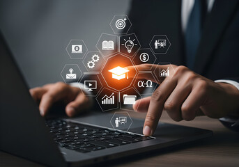 Business Professional Using Digital Interface with Educational and Growth Icons for E-Learning, Innovation, and Success