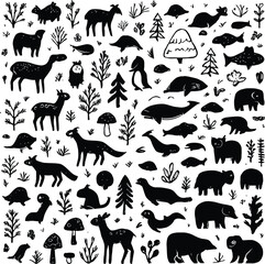 Seamless pattern with a collection of black animal silhouettes including cat, dog, fish, and birds, for a simple vector design