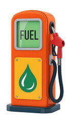 An orange fuel pump with a green display, showing FUEL, designed for refueling vehicles.